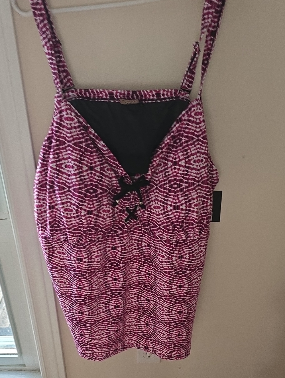 Women’s Purple Patterned Swim Dress with Black Tie Detail